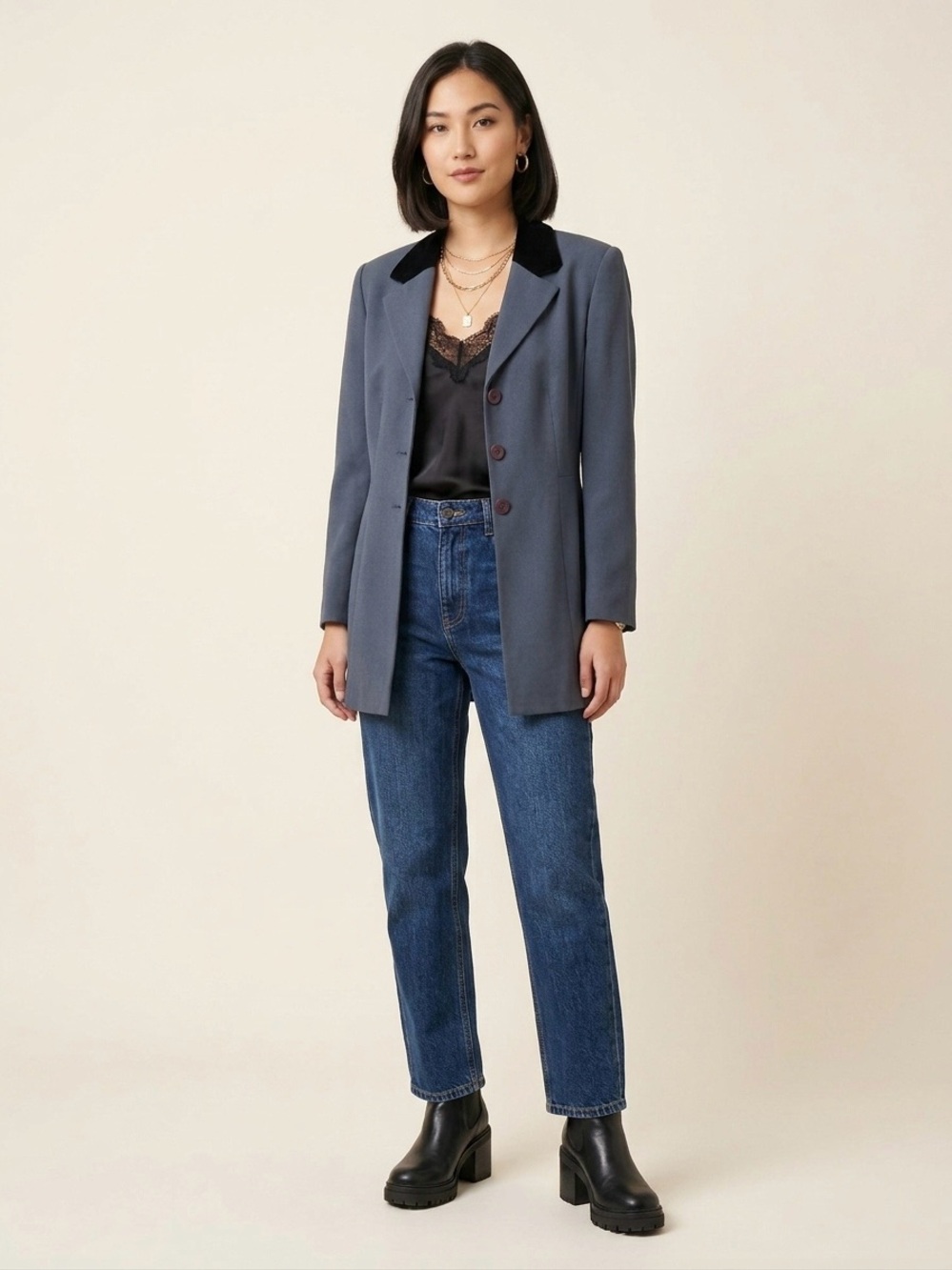 Vintage 90s Paradox Wool Longline Blazer Jacket Velvet Collar Slate Blue Size 8 - Picture 12 of 12